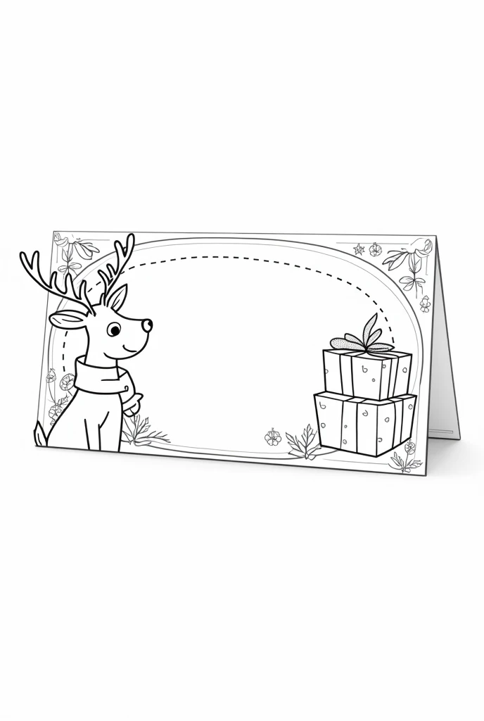 "A festive Christmas-themed place card designed for coloring, featuring a rectangular foldable base with a whimsical border of holly leaves, candy canes, and small stars. In the center, a blank oval frame for writing names, surrounded by a cheerful reindee...