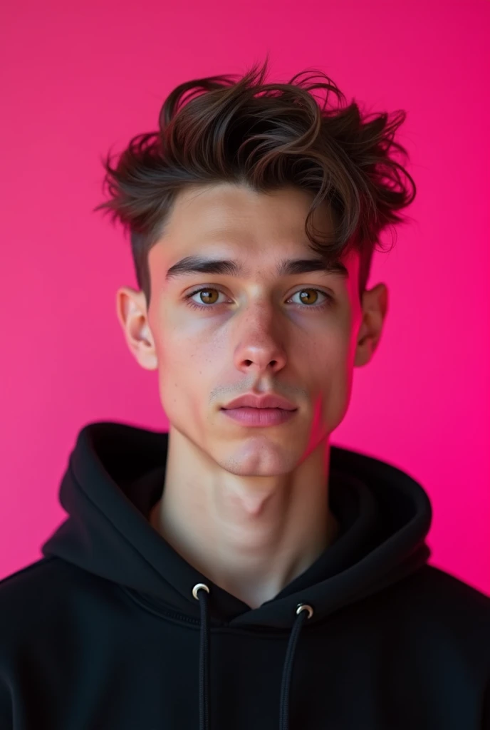 Высокое качество, 8K Ultra HD, white boy, twink, face look in the camera,  medium size nose, dark eyes, hairstyle, black hoodie,pink background