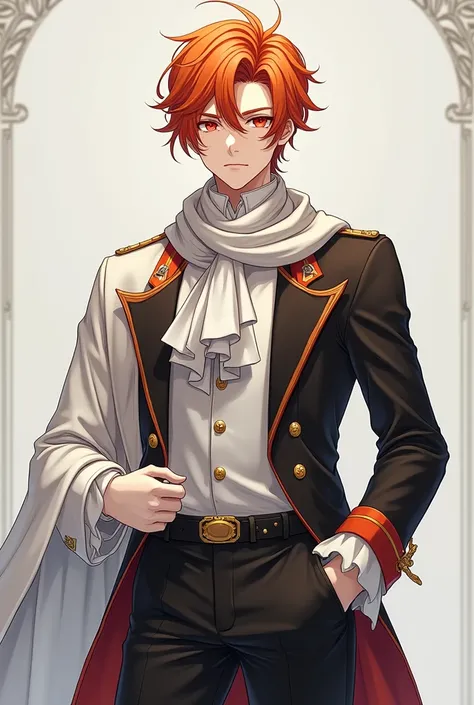 A quiet anime young man with sharp red eyes represents a mixture of orange and white hair.  ,  has fair skin and wears all the beautiful and luxurious clothes of the nobles, such as a short cold bag without half a bag and the other is white. She has a long...