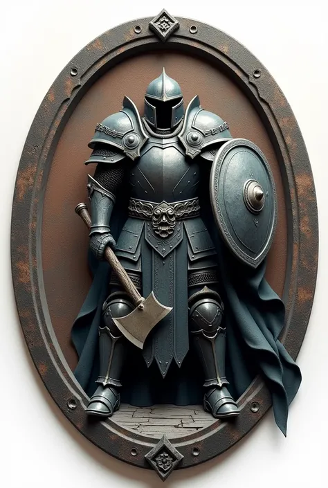 A round and not oval emblem with LEGENDARY written in relief on a background of a severe fantasy knight who holds an ax and shield (the image should not go beyond the circle) 