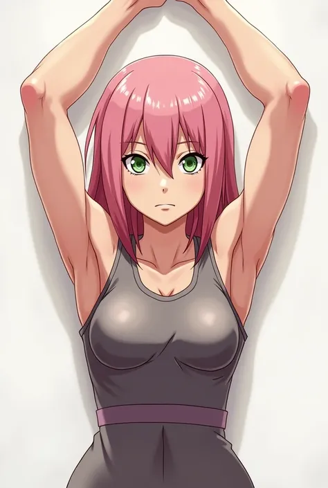 haruno sakura same in naruto shippuden ,wearing singlet and raise two of her arms up ,armpits ,realistic