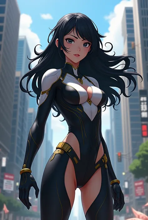   My Hero Academia style ,     anime girl  , woman, young woman ,    full body shot  ,(  Fighting Stance  :1.3),Long Hair,  black hair,    dark eyes ,  hero suit, Full Body Suit,  black suit with white details , perfect anatomy,  Reinforced ABS ,  super de...