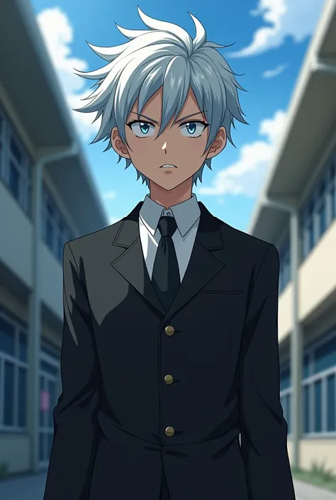 A silver-haired Japanese guy with serious and angry features wearing black high school clothes in an anime style 