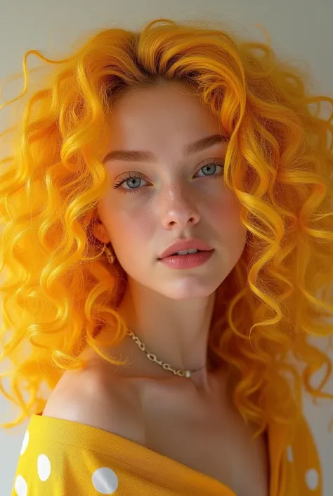 A beautiful woman real curly hair yellow with polka dots 