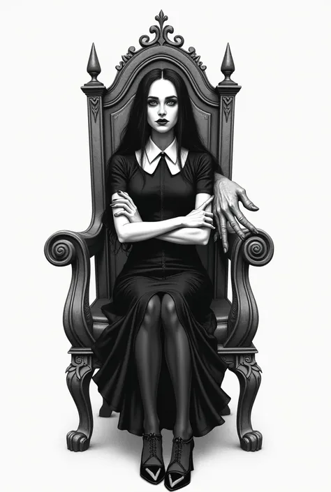 Wednesday Adams tattoo design in lugubre drawing style,  sitting on a throne, with his arms crossed and a dead hand resting on his shoulder , drawing style in gray on white paper
