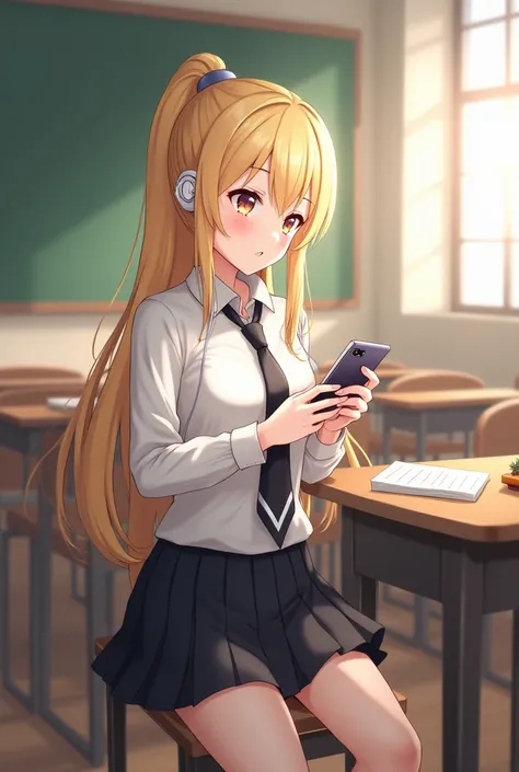 Lumine genshin impact, wearing school uniform, sit in classroom with headset and phone