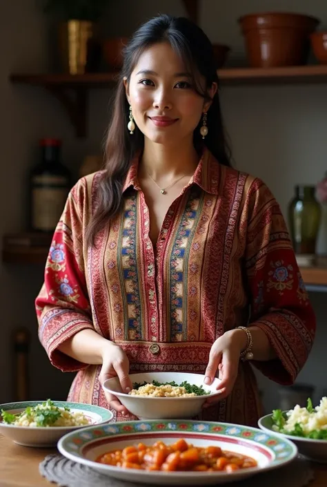 make a 4o year old UZBEK woman who has 4 ren, she is uzbek clothes, she is in the kitchen, uzbek vibe, meking plov in uzbek national lagan plate, she is not slim, about 80kgs, she has neutral makeup. MAke her clothes more modern style and kitchen is modern...