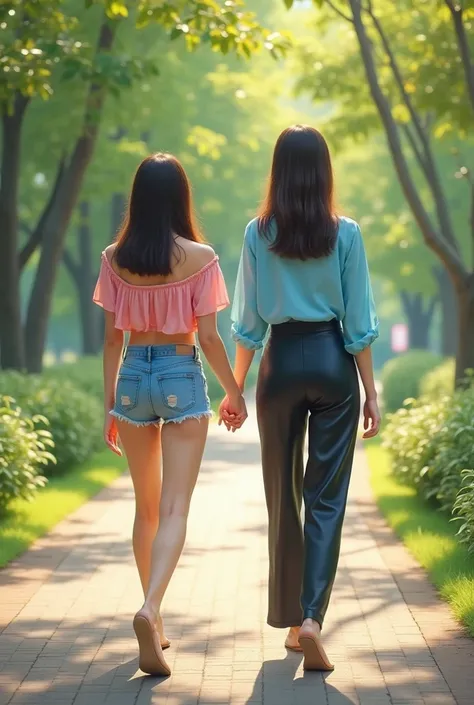 A Korean woman wearing a pink baby top and short denim shorts ,  holding hands walking in the park with her friend who is wearing a blue blouse and long black and white pants.