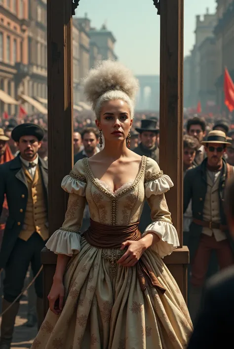 Play the white-haired Marie Antoinette ,  with her head tied to a guillotine in Concórdia Square, with her people watching and celebrating  