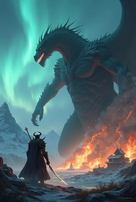 Tulkas affronte alduin enragé dans un combat epiqued, avec une Aurore boréale de nuit. Une montagne et un village incendié dans le paysage proche