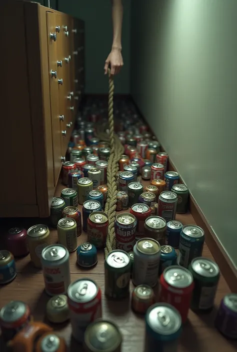 Linear perspective of a pile of beer cans on the floor with one hand out grabbing a rope