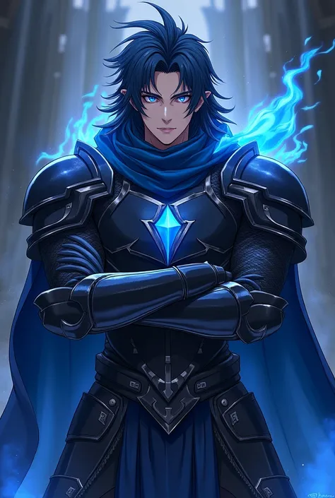 Blue Fire Knight with black hair with black armor with crossed arms with bright blue eyes anime style 