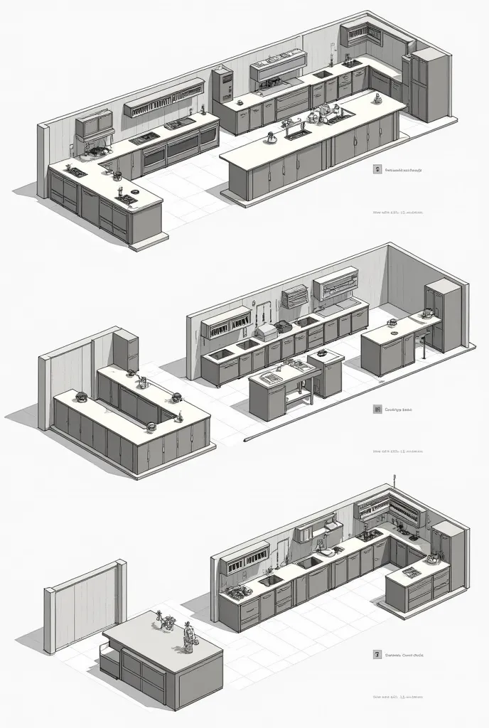 Draw  a well labelled 
L shaped commercial kitchen design
U shaped 
Galley
Island commercial kitchen
Open space commercial kitchen