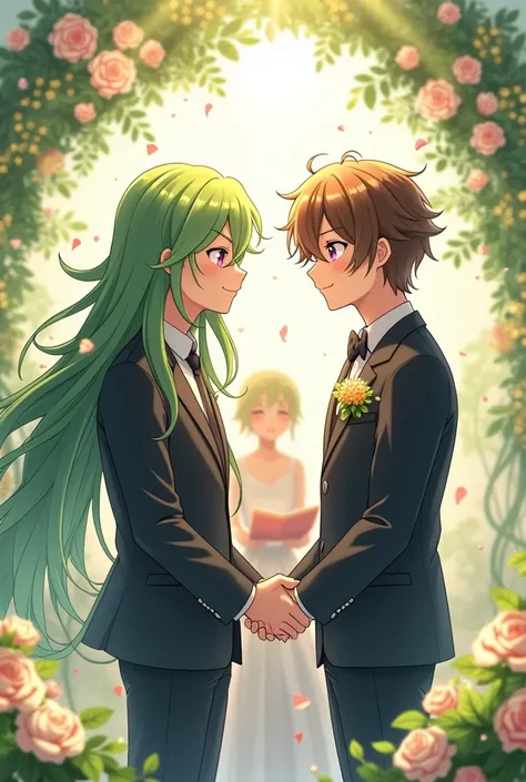 two anime grooms both male, gay couple. One with long green hair and purple eyes and another one with midium brown hair with a lime green bang