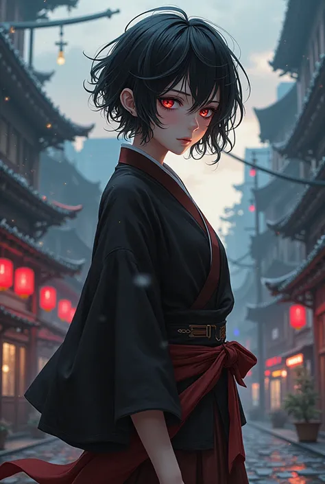 destroyed city background :1.5)0.9], (post apocalyptic and anime :1.2) (15-year-old female full body ) ( Messy short black hair:1.1) (heterochromia: xanthochromia and red eyes :1.2) ( traditional samurai costume 1 .0) ( Colored stars in the eyes:1.0) (A ra...