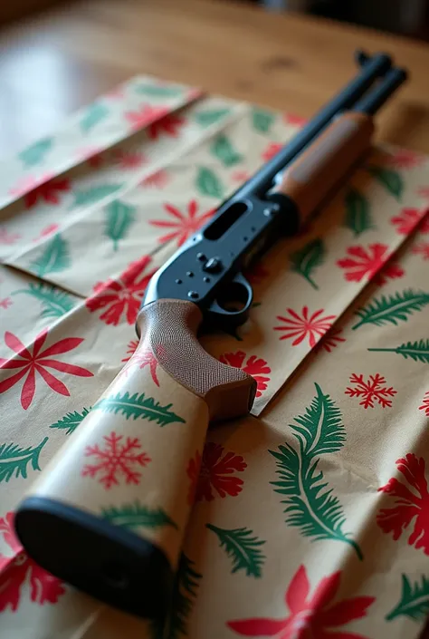 A shotgun wrapped in wrapping paper, where the shape can be clearly seen but the weapon cannot be seen
