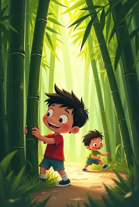 cene 4: Playtime

- Image prompt: Benny and Ping playing hide-and-seek among bamboo stalks; Ping peeking out from behind a stalk.
- Description: Vibrant green bamboo; sunlight casting dappled shadows; Benny laughing, looking for Ping.