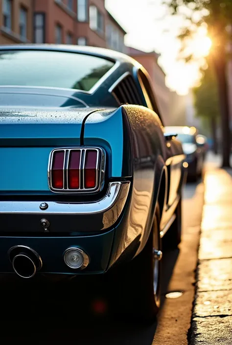 The rear side of a classic blue 1960s Ford Mustang parked at a 90-degree angle next to the sidewalk in the morning sunlight. The viewing angle is from bottom to top. Closeup. Drizzle