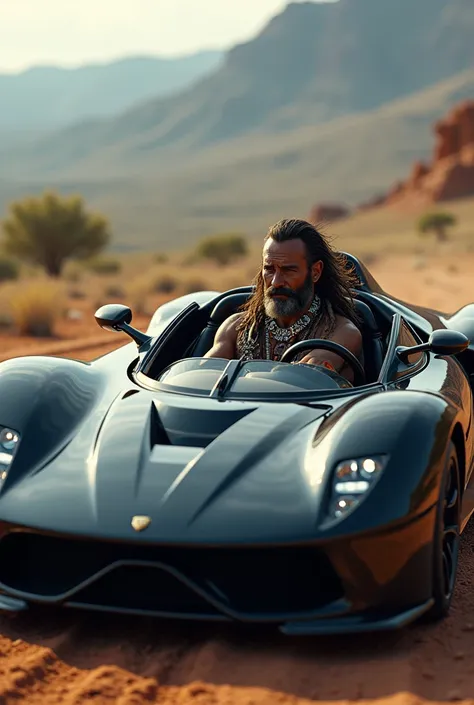 Indigenous man driving a sports car 