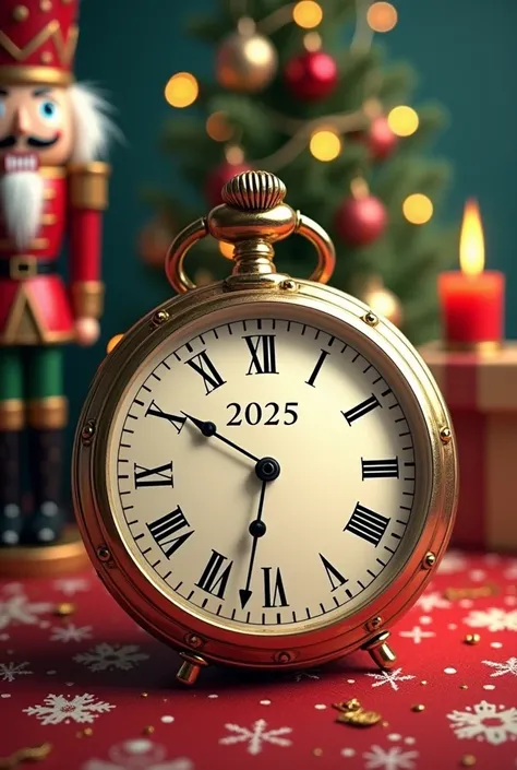  A charming illustration of a pocket watch waiting for the arrow to move to 12 oclock. The inscription on the clock 2025 . At the back there is a festive table and a figurine of the Nutcracker and ballerines.  Fancy,  An ultra-detailed and colorful image o...