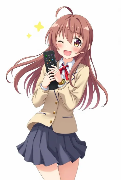 Anime girl in high school uniform image and with a watch on her wrist arm with a television remote control white background and full body with emotion of joy and embracing the TV control 

And Presenting control with joy and nervousness on the cheek withou...