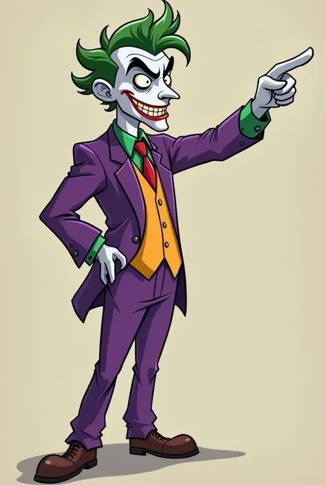 Joker Arthur Fleck cartoon cartoon full body pointing with his finger to the upper right