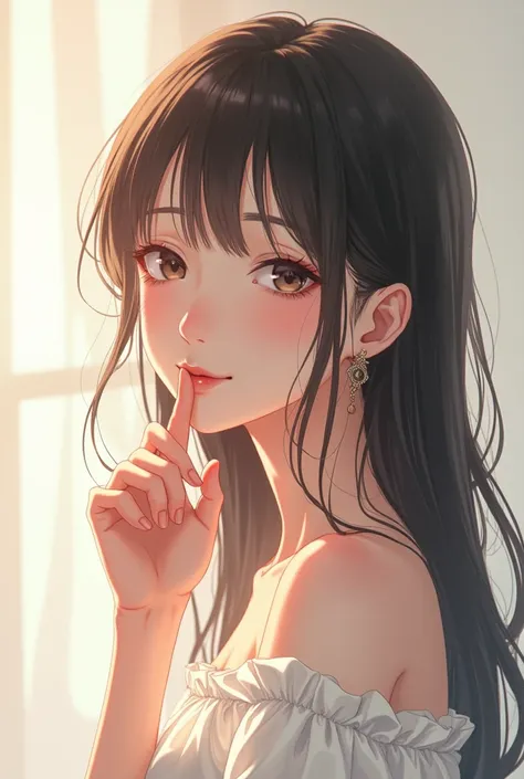  The beautiful anime-style girl has a hand raised close to her face, touching her lower lip with her index finger .  His expression is calm ,  with her eyes looking straight ahead and a slight smile on her face .  Her long, loose hair frames her face natur...