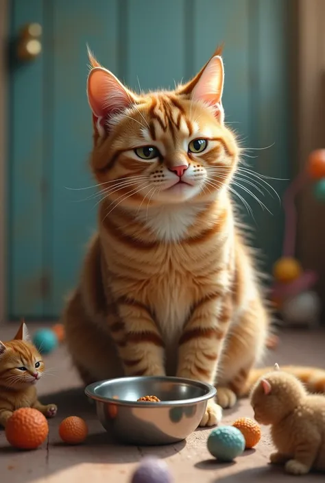 photo. A cat with a cunning expression ,  sitting next to an empty bowl , , as if hes thinking about his next prank.  All around, there are ,  toys scattered around, emphasizing his playful character .