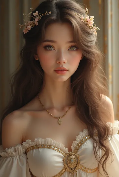 A princess,  with brown hair and light coloured eyes.

