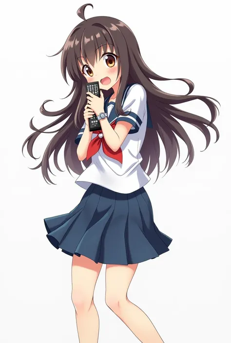 Anime girl in high school uniform image and with a watch on her wrist arm with a television remote control white background and full body with emotion of joy and embracing the TV control 

And Presenting control with joy and nervousness on the cheek withou...