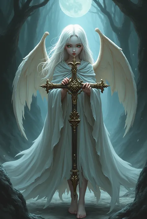 a demon girl, albino , using a mage robe, with white skin and hair, barefoot, holding a cross, anime style, with an evil smile, with destroyed wings and four arms with sharp claws