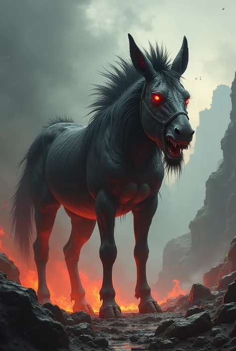 Monstrous Horse-Donkey Hybrid: Create a terrifying hybrid creature that seamlessly combines the features of a horse and a donkey. Its body is a fusion of powerful equine musculature and a donkey’s sturdy frame, with jagged fur along its back and elongated,...