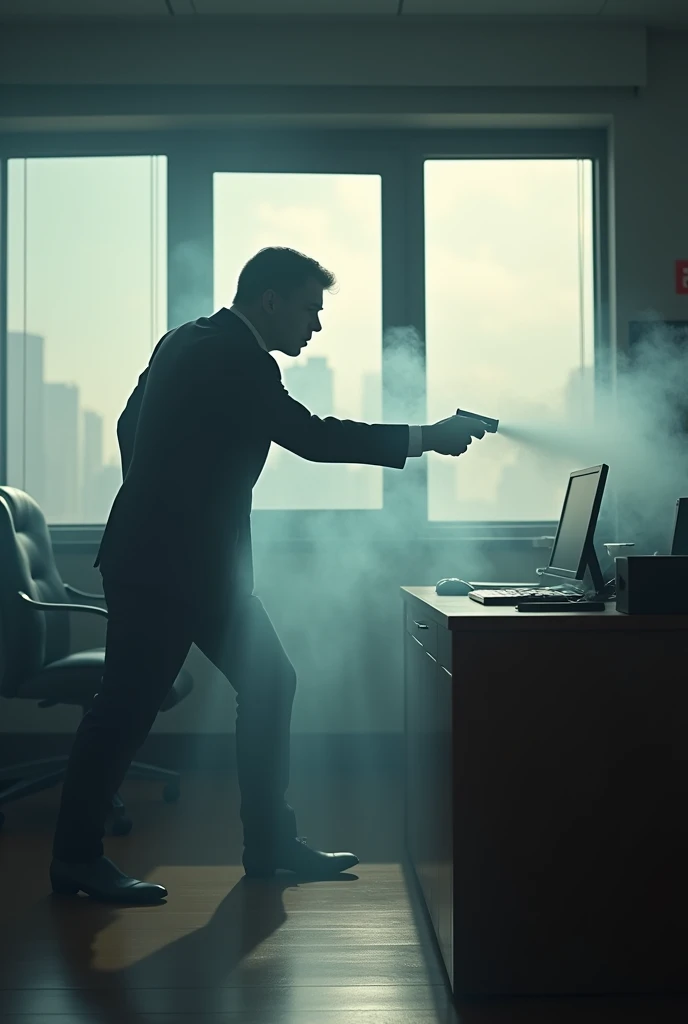 A arm in business suit spraying thick fog of sleeping gas into a empty private office, daylight