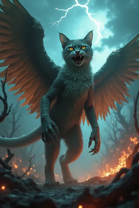 Monstrous Cat-Cockatiel Hybrid: Create a terrifying hybrid creature combining the features of a cat and a cockatiel. The creature has a feline body with muscular limbs, sharp claws, and a long tail, but its back is adorned with large, feathered wings strea...