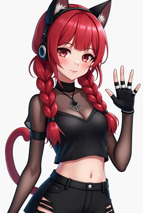 create a 2D image of a girl,   anime, human,  with hair consisting of two huge braids behind ,  red hair color with medium low saturation , Classic fringe, white pele,  two strands on top of the hair , Light red eyes, very light freckles under the nose , b...