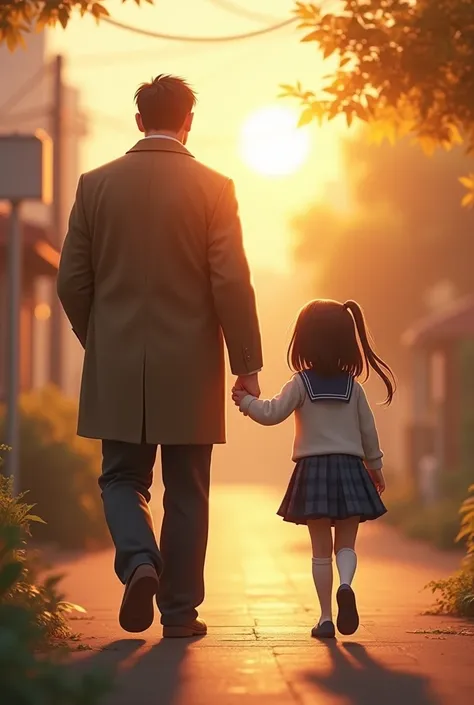 A little daughter holding her fathers hand and walking together. Show their back side and it will be an early morning scene. The father is healthy and wearing coat pant. Daughter is wearing a school uniform.