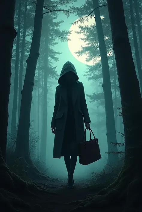 Woman in a crouched coat touching her purse in the middle of the woods at night