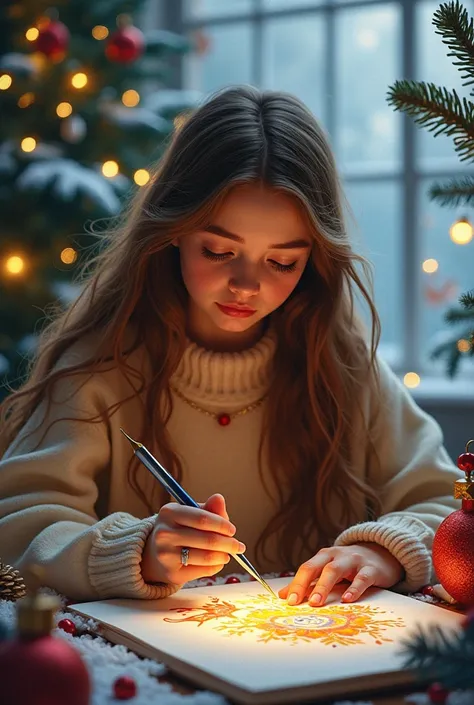  You can have a girl who draws .  A girl with brown hair with a New Years ring.  On the background Christmas tree and snow . a girl draws New Years pictures  . And a little painted 
