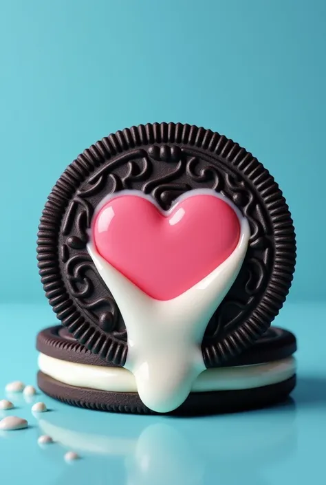 An OREO with its classic , But with the filling in the shape of a heart that melts with love, with traditional blue oreo background