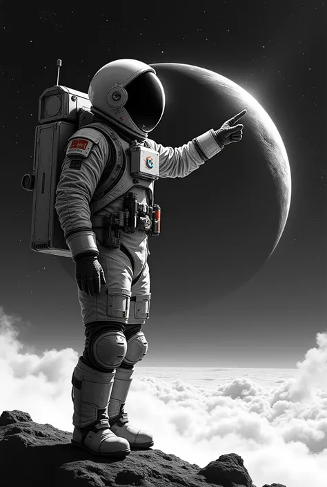 Draw a black and white illustration of an astronaut pointing at a planet from space