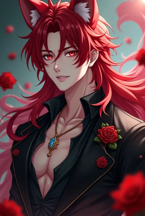 Realistic anime-style 4k quality image ,  where there is a handsome 23-year-old man , Half human and half feline with cat ears , he has white skin,  long and ringed red hair , crimson eyes. This same man has a masculine and handsome face , and a seductive ...