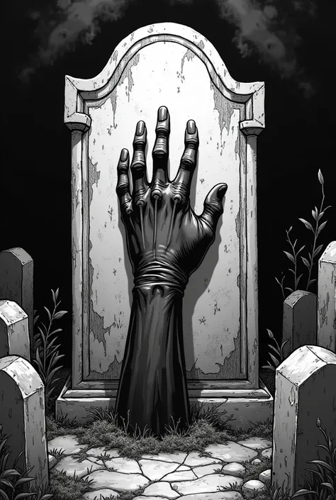 Grave with a severed hand on top. Marvel black and white cartoon style