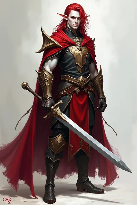  Design a character , male,  of the Tiefling race , fighter class , young,  of noble origin ,  slightly demonic white skin,  crimson hair , Elf ears.