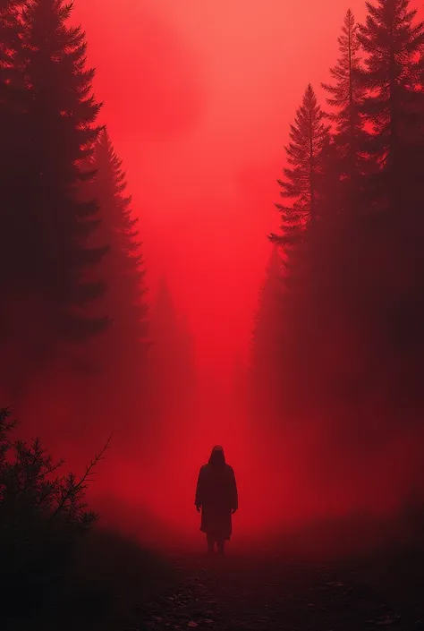 Red mist, scarlet fog, pine forest in the background