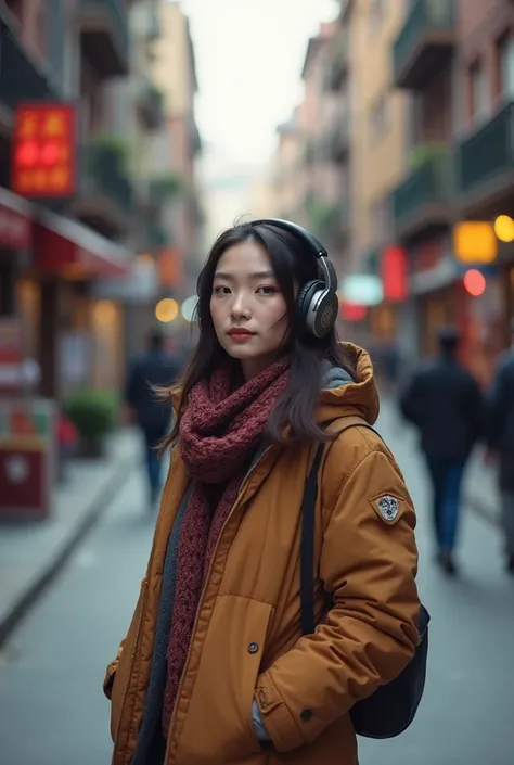 woman walking down a street with headphones on,  a picture of Irakli Nadar , Trends on Pexels, Graffiti, Street photography style , girl wears headphones ,  standing on a city street , Street Fashion, with headphones, walking on the streets,  High-quality ...