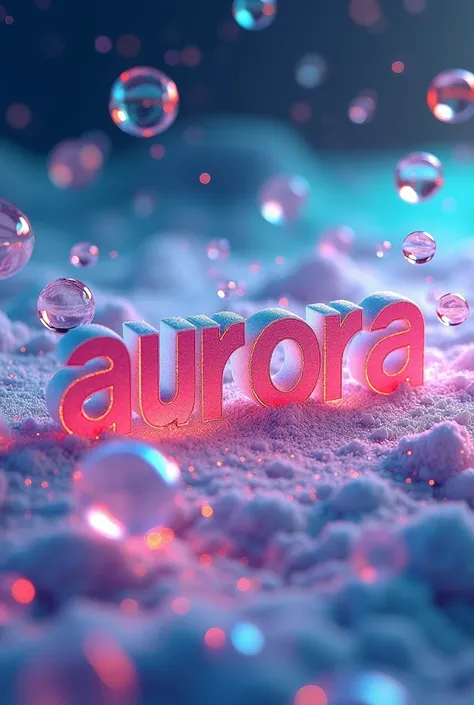 The word "Aurora" IN 3D WITH STRIKING COLORS , Bubbles, floating  