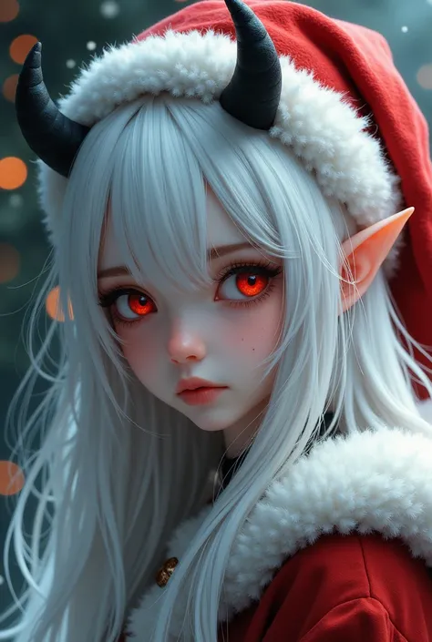 Beautiful girl with white hair and black tufts elfa , red eyes wearing Christmas clothes and an anime-style Santa hat