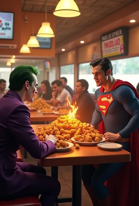 Superman goes to Al-Baik restaurant and orders chicken pieces to death and eats with his friend Joker. They burn from his heat and cry very realistic features 