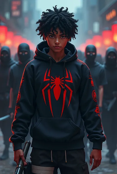 naruto but he is brown skin : black eye : curly wavy hair with black headband : he is wearing custom spiderman miles hoodie and right hand holding katana : mad face , background : japanese night :group of ninja with katana help him to fight : (naruto :anim...