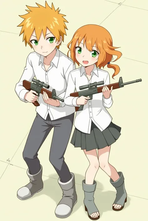  Screenshot of Bungo Stray Dogs two brothers with orange hair and green eyes , One that is a girl  , That they both have a white shirt with open ankle boots and holding a submachine gun ok but less is it 